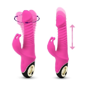 Pink Color 9 Speeds Rechargeable Silicone Thrusting Rabbit Vibrator with Rotation, medical grade silicone. Phthalate & Latex free