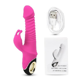 Pink Color 9 Speeds Rechargeable Silicone Thrusting Rabbit Vibrator with Rotation, medical grade silicone. Phthalate & Latex free