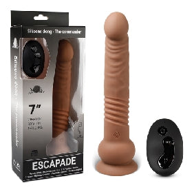 Brown Color 10 Functions Remote Control Silicone Rechargeable Vibrating and Thrusting Dildo, with one-key burst for maximum enjoyment, skin safe, Phthalates and Latex Free.