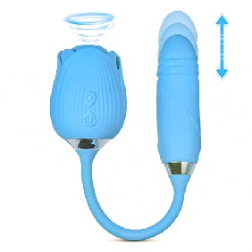10-Speed Blue Color Silicone Clitoral Sucking Rose with Thrusting Vibrator.