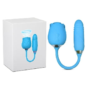10-Speed Blue Color Silicone Clitoral Sucking Rose with Thrusting Vibrator.