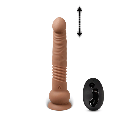 Brown Color 10 Functions Remote Control Silicone Rechargeable Vibrating and Thrusting Dildo, with one-key burst for maximum enjoyment, skin safe, Phthalates and Latex Free.