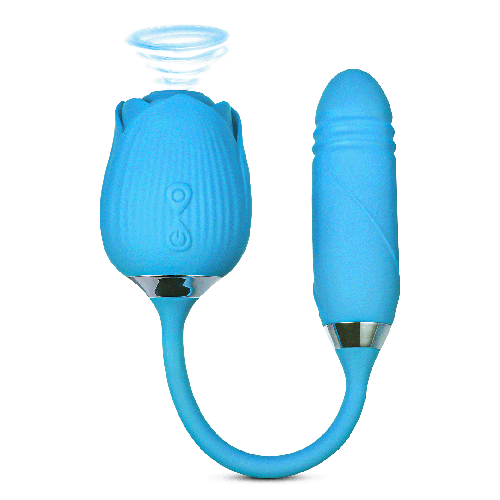 10-Speed Blue Color Silicone Clitoral Sucking Rose with Thrusting Vibrator.