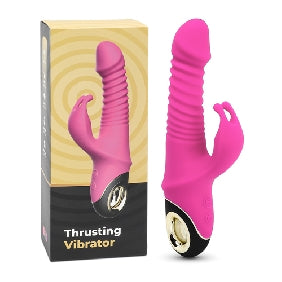 Pink Color 9 Speeds Rechargeable Silicone Thrusting Rabbit Vibrator with Rotation, medical grade silicone. Phthalate & Latex free